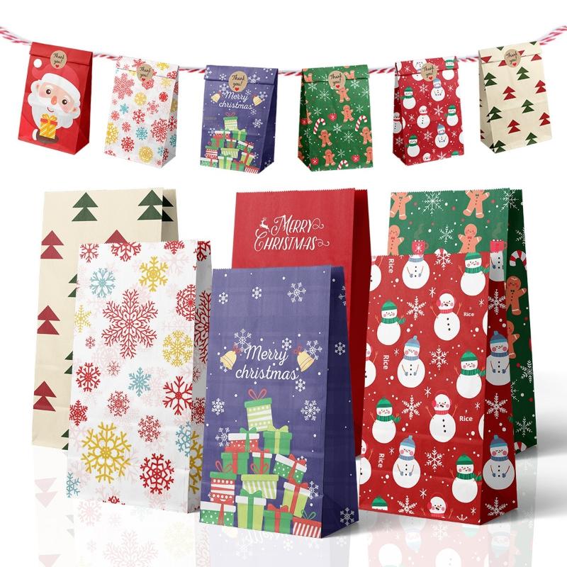 12Pcs Christmas Calendar Gift Bags Countdown Paper Bags For Holiday Party Gift Wrapping Christmas Eve Apple Packaging Bag