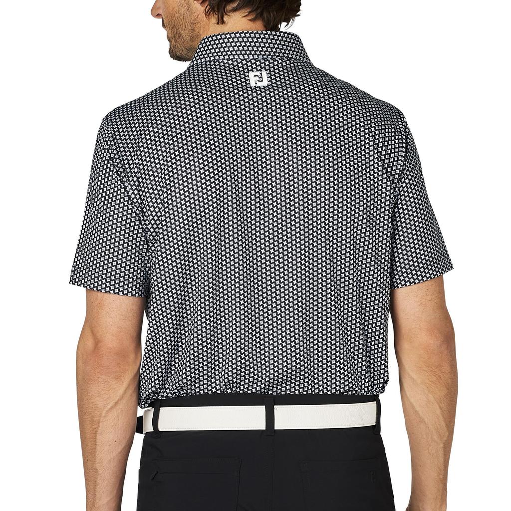 FootJoy Men's Black Geometric Print Short Sleeve Wide Collar Golf Shirt, Size M (FJ-S25-S12, 34527-M)