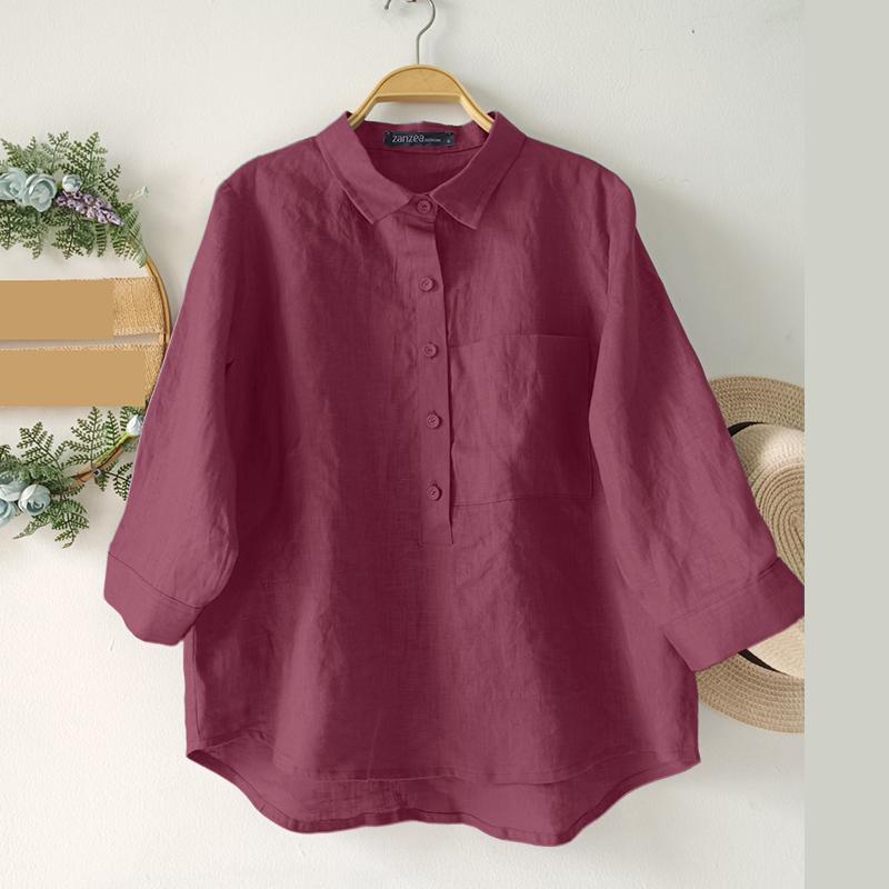 

ZANZEA Женская повседневная однотонная свободная блузка с отложным воротником и рукавами 3/4 L