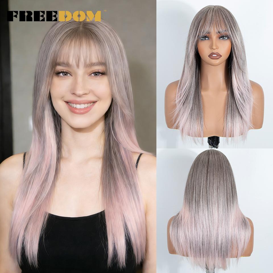 

FREEDOM Straight Layered Synthetic Lace Front Wig With Bangs 20 Inch Ombre Brown Blonde Pre-cut Lace Wigs Pink Cosplay Wig (as the picture,20inches)