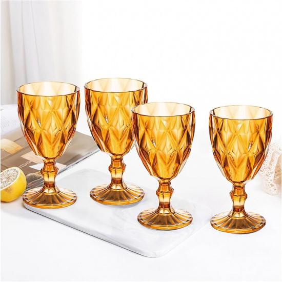 Vintage Wine Glasses Set of 4, Plastic Reusable 12 Ounce Colored Water Goblets, Unique Embossed Pattern Unbreakable Stemmed Wine Glasses, High Clear