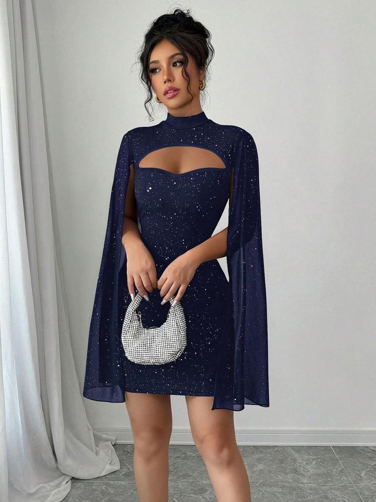 European & American Women's Ribbed Pearl Chiffon Cape Dress
