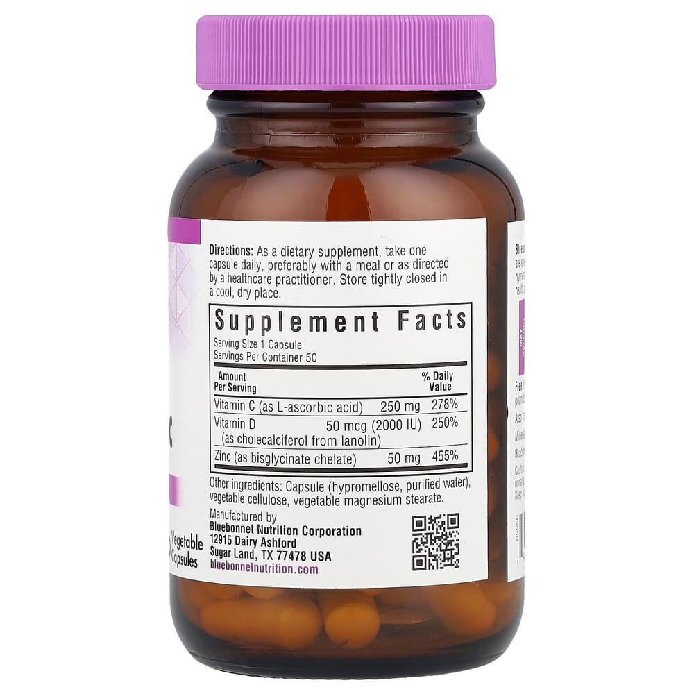 Bluebonnet Nutrition Vitamin C, D3 & Zinc Veggie Capsules, 50 Count