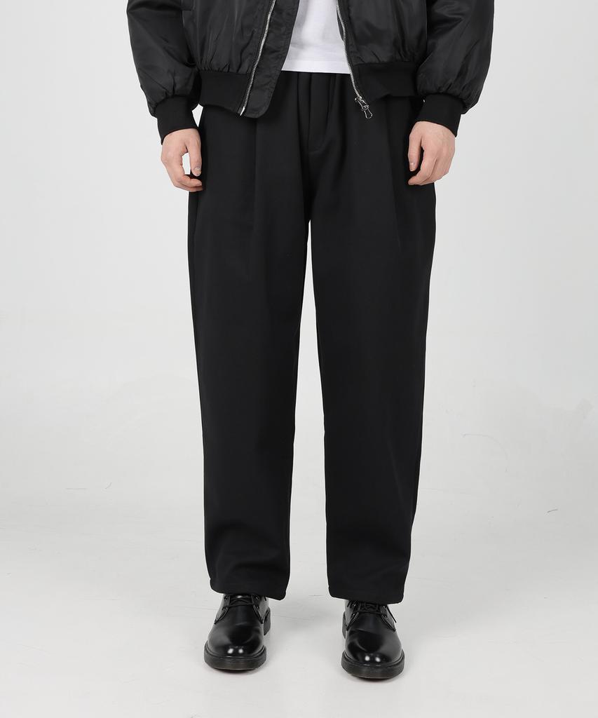 Jikeulib Bonded Brushed Elastic Waist Pintuck Semi-Wide Cotton Pants [Black]