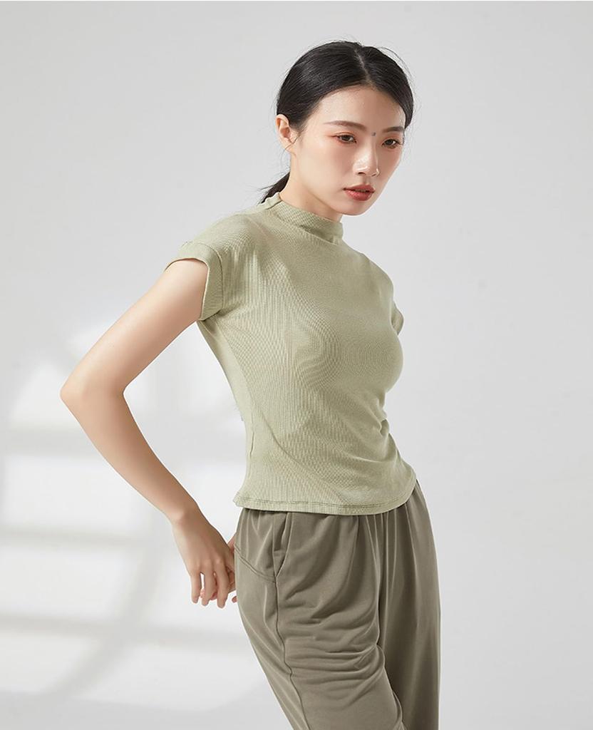 Yuoku Short Sleeve Ballet Blouse with High Stretch Top for Practice and Classical Ballroom Dance Costume High Women's Neck, Lessons, Dance, (Size L,
