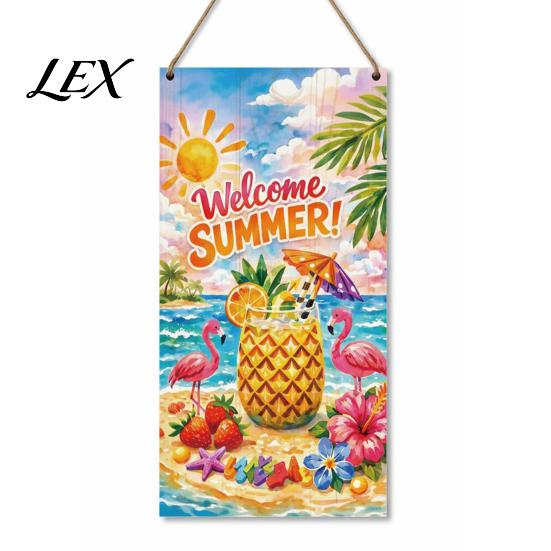 Refresh Home Decor Summer Wooden Hanging Sign, Welcome Sign Front Door with Floral Pattern Rope, Colorful Hanger for Seasonal Farmhouse Beach
