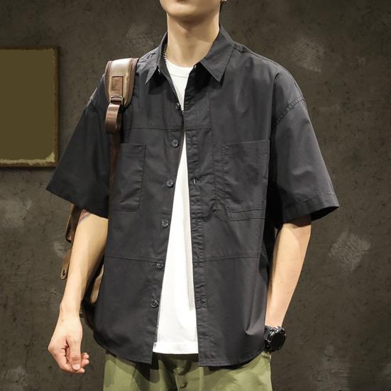 Spring Men Cargo Shirt Turn-down Collar Single-breasted Loose Mid Length Solid Color Chest Pocket Breathable Soft Short Sleeves Streetwear Outdoor Top