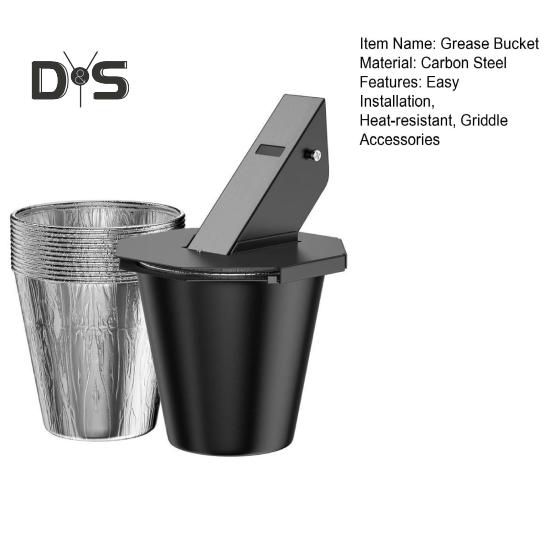 Fetteimer hinten, Fettauffangbehälter mit Rohrdeckel, Grillfett-Ablaufsystem mit Folien-Eimereinlagen für Grillplatten, Räucherfass