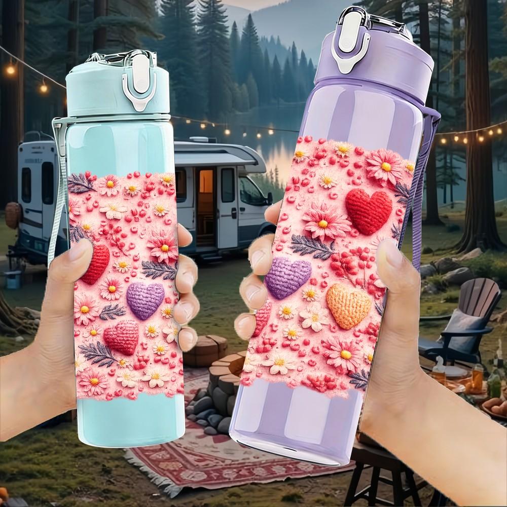 1PC Sweet Pink Heart Berry 750ml Color Plastic Sports Water Bottle Leakproof Flip Straw Lid Suitable for Sports Office Home Use