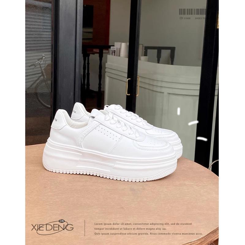 Leather platform white shoes women's spring and summer new heightening versatile lace-up round head white board shoes