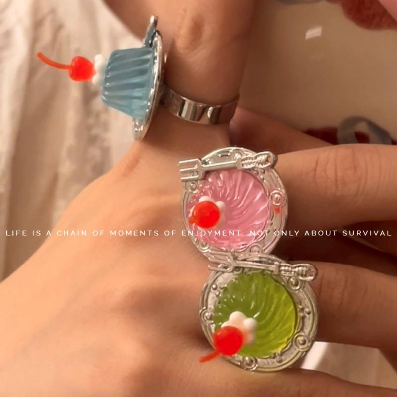 Ice cream cherry fruit ring, niche design cute ring that can be worn on the hand