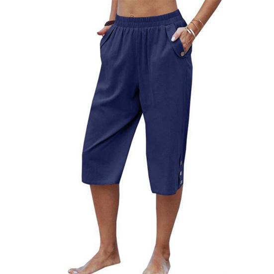 

Women Cropped Pants Elastic Waist Pocket Straight Wide Leg Solid Color Daily Wear Thin High Waist Women Trousers Female Clothes XL темно-синього кольору