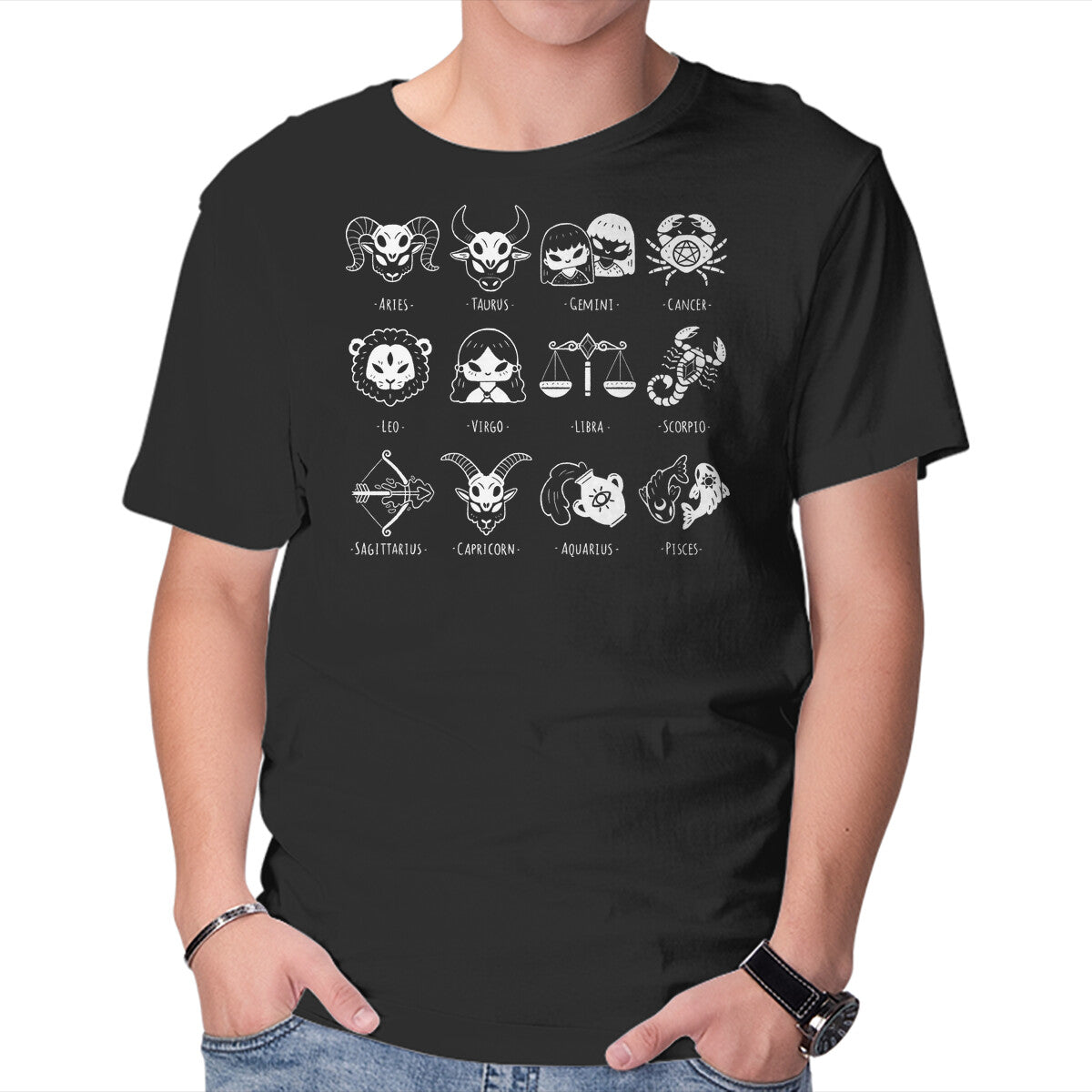 Unisex Crew Neck T-Shirt Black Zodiac Graphic Short Sleeve Casual Tee L