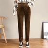 Women Autumn Winter Corduroy Harem Pants Elastic Waist Pockets Solid Color Long Trousers Thickened Fleece Lining Casual Pants