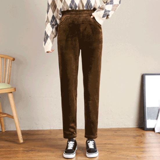 Women Autumn Winter Corduroy Harem Pants Elastic Waist Pockets Solid Color Long Trousers Thickened Fleece Lining Casual Pants