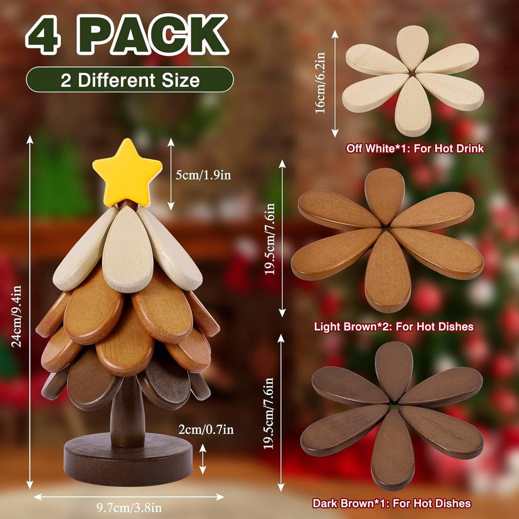 Wooden Tree Trivets for Hot Dishes, Christmas Tree Shape Trivet Set of 4 for Hot Pot Pans, Wood Coasters for Bowls Teapots Drinks Plates, Home Table