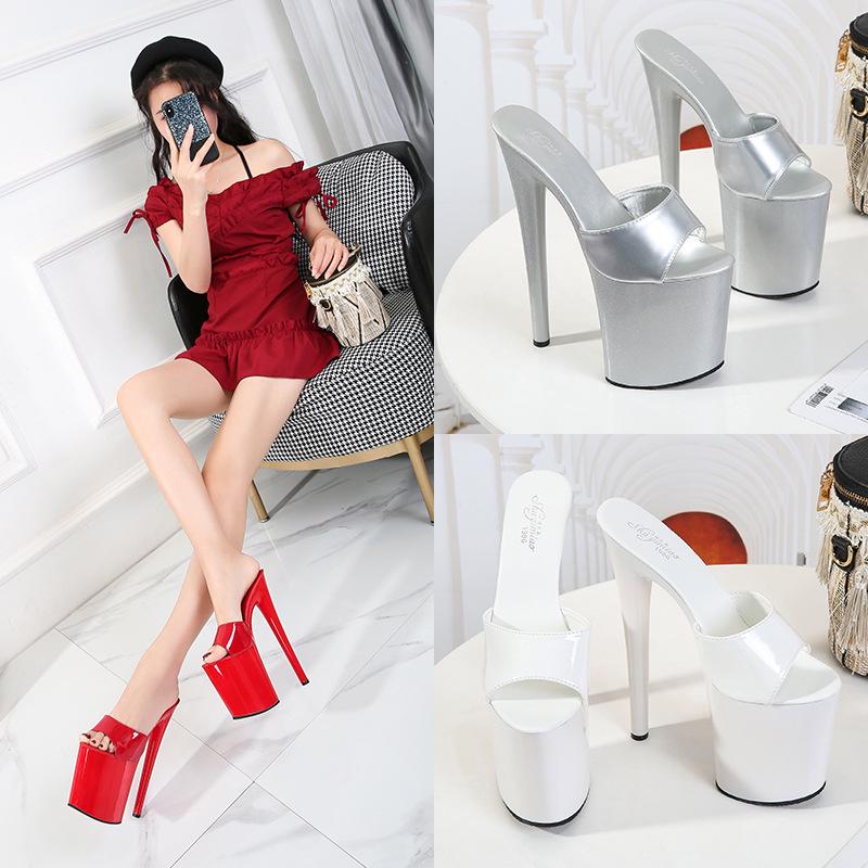 Women's Summer 20cm Super High Stiletto Heels - Patent Leather Sexy Waterproof Platform Slippers