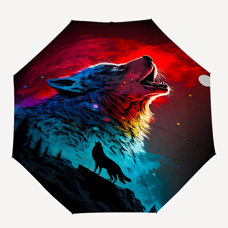 Wolf Howl- Automatic Umbrella, Four Seasons Portable Folding Umbrella, Suitable for Men and Women, Travel, Daily Compact Umbrella, Outdoor A