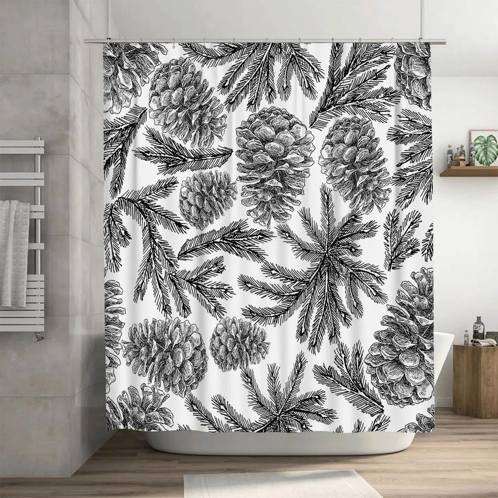 Vintage Pinecone Branch Bath Curtain Black White Floral Shower Curtain Decor for Bathroom Home Living Room Decoration Set