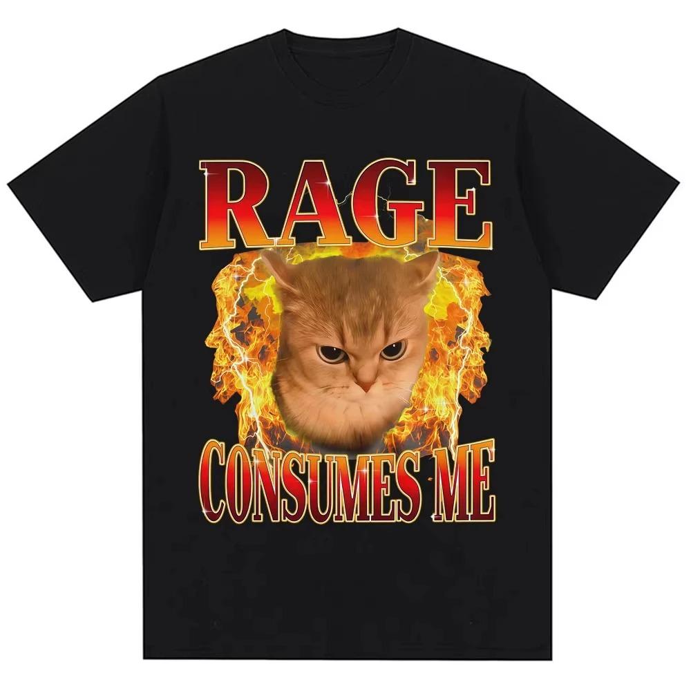 RAGE CONSUMES ME Funny Cat TShirt Angry Flaming Kitten Graphic Tee with Fire Effect Black Top for Unisex Women Humor Gift
