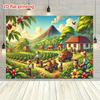Whimsical Coffee Plantation Tapestry, Brightly Colored Farm Scene with Farmers, Coffee Beans and a Volcano, Playful Rustic Wall Art