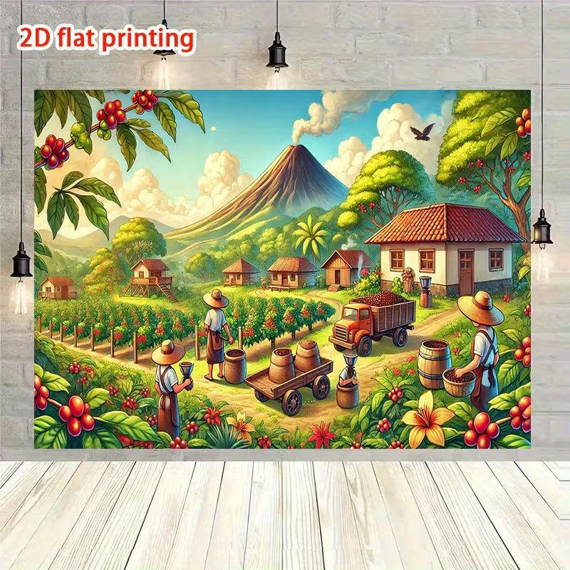 Whimsical Coffee Plantation Tapestry, Brightly Colored Farm Scene with Farmers, Coffee Beans and a Volcano, Playful Rustic Wall Art