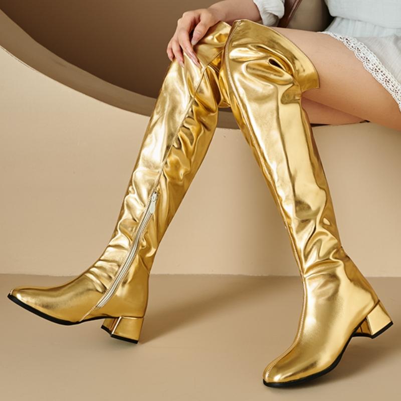 Sexy Women's High Boots Luxury Low Heels Over-the-knee Boot Patent Gold Silver Long Footwear Winter Shoes Lady Large Size 46