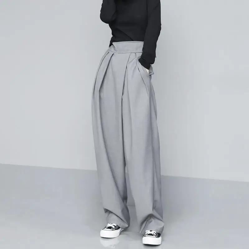 High Waist Black Brief Pleated Long Wide Leg Trousers Loose Fit Pants Women Fashion Tide Spring Autumn S