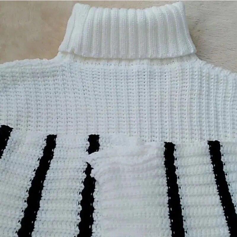 Dámský dlouhý svetr s rolákem Černobílý pruh Volný pletený pulovr Střední délka Teplý Streetwear styl Svetr Podzim a Zima