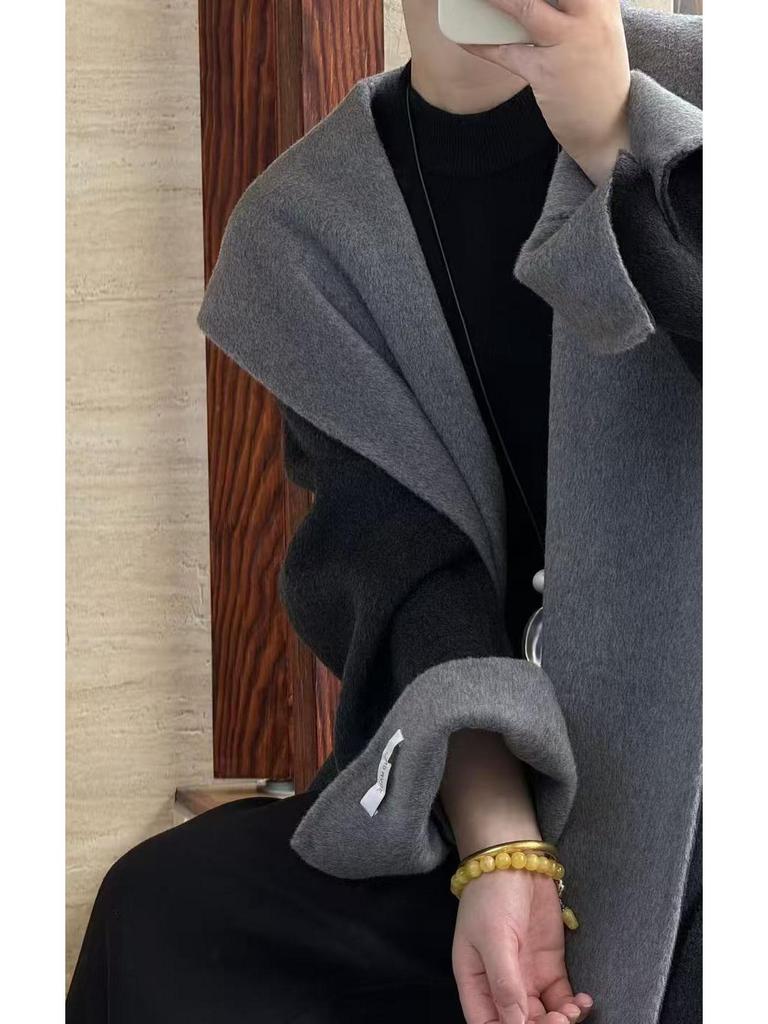 Extra langer Kapuzenmantel aus Wolle-Kaschmir für große Frauen - 2025 Herbst/Winter Koreanischer Stil