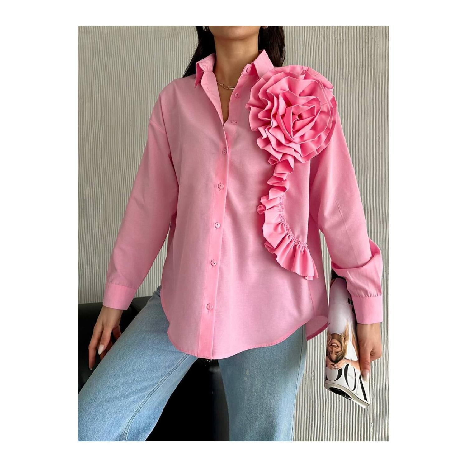 

Женская розовая рубашка с воланами и цветочным узором с низким рукавом S белый