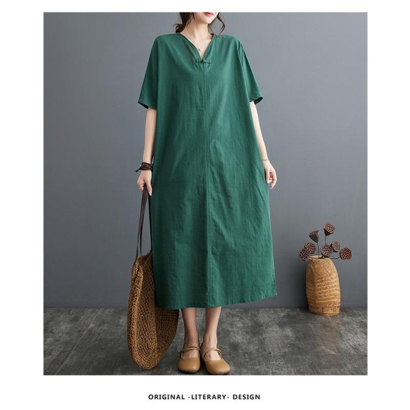 Summer New Cotton and Linen Artistic Retro Pullover Buckle Dress A-line Long Skirt