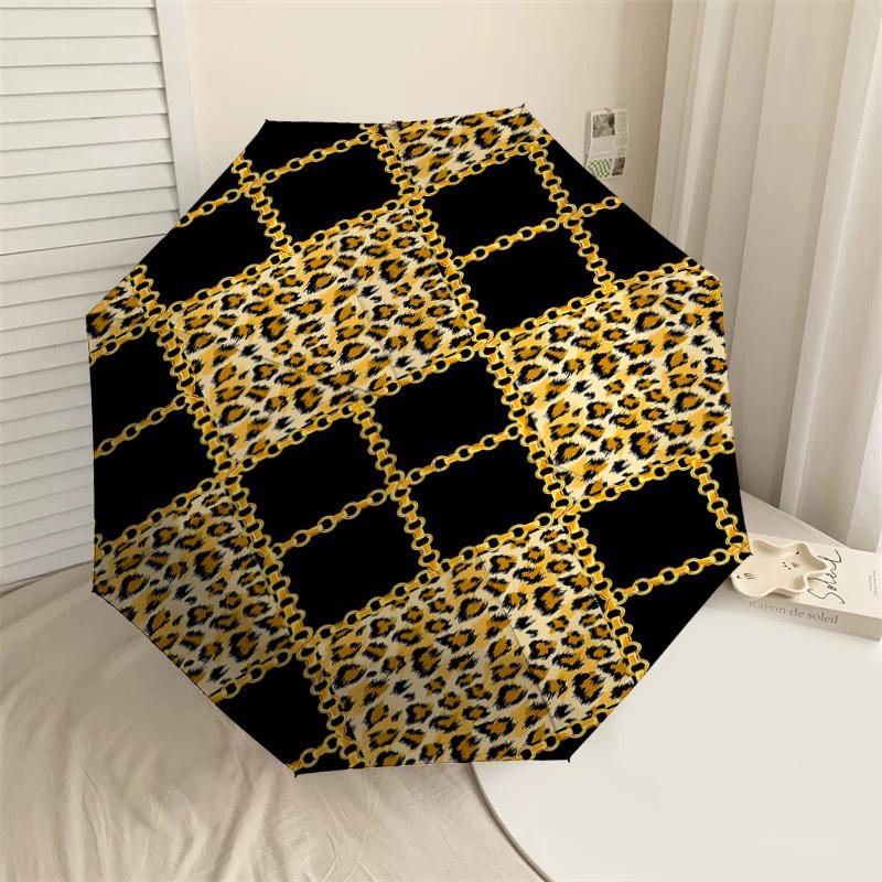 

1PC Leopard Print Chain Grid Umbrella-8-Rib Reinforced, Automatic Open, Lightweight & Durable, Cute Fashion Accessory for Outdoor, Beach or Casual Use