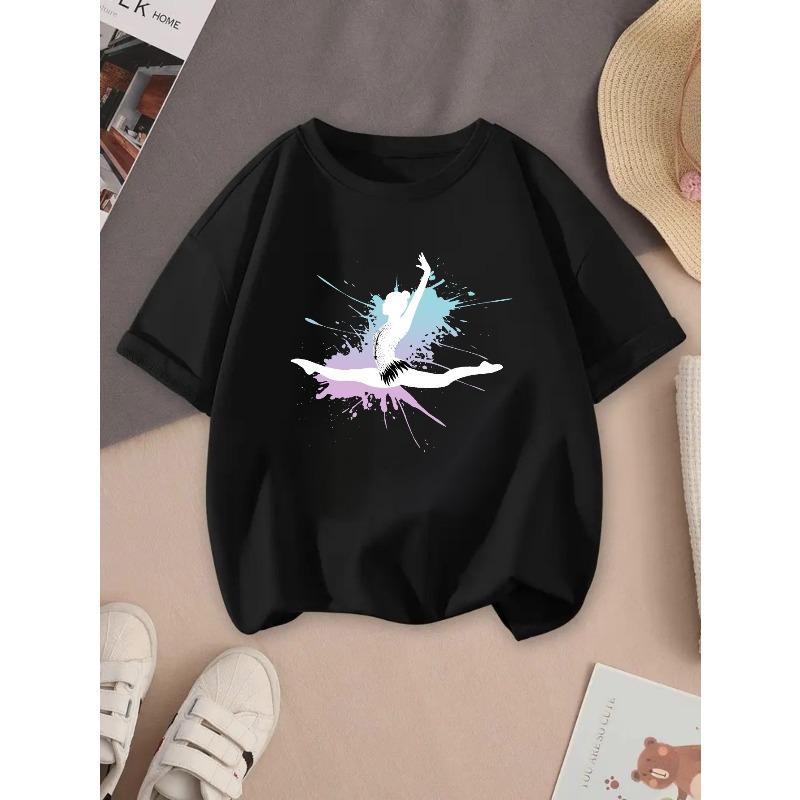 European Sizes Girls' Cotton T-Shirt with Ballet Dancer Graphic Print - Soft Stretch Round Neck Summer Casual Top