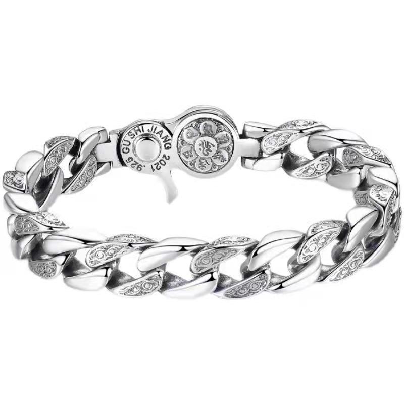 Men's Silver-Plated Rotatable Bracelet: Six-Character Mantra, Trendy Wide Design, Retro Domineering Style