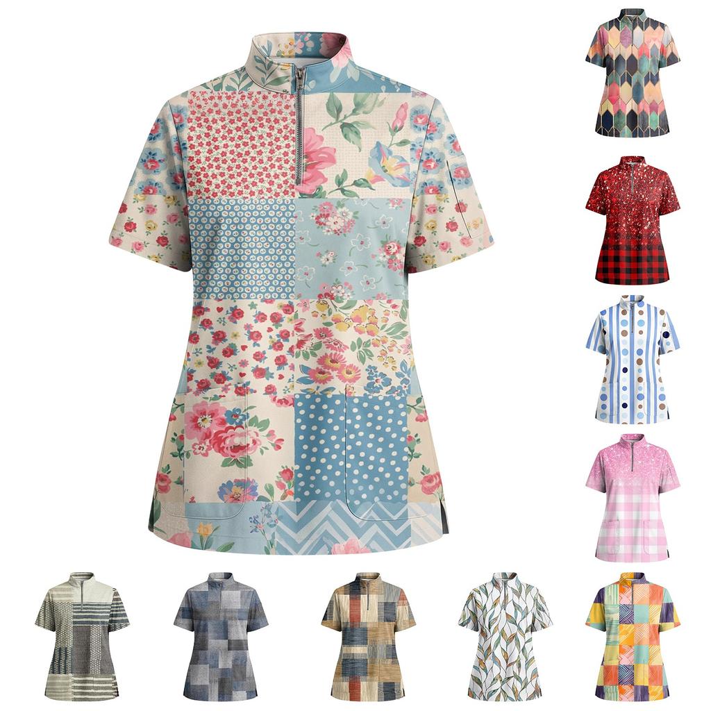 Women's Short Sleeved Printed V-neck Buttonable Side Slit Top T-shirt