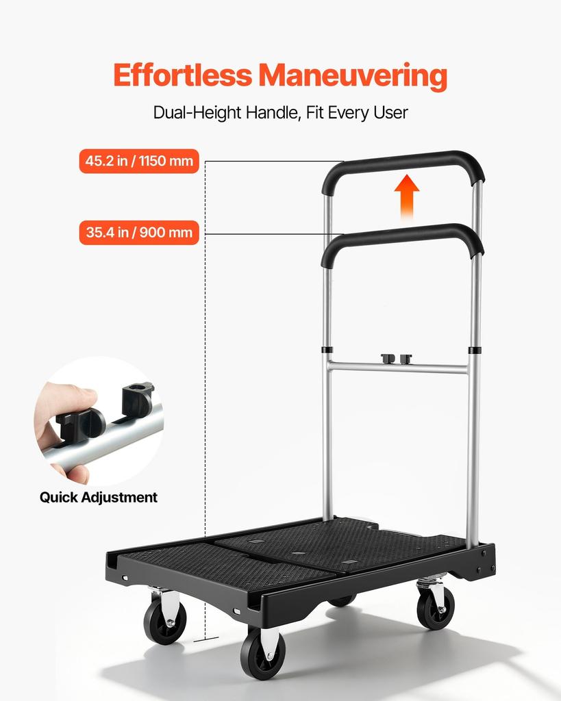 Foldable Push Cart Dolly, 149.69 kg Capacity, Folding Platform Truck with Swivel Wheels, Moving Platform Hand Truck Flatbed Cart, Adjustable Push