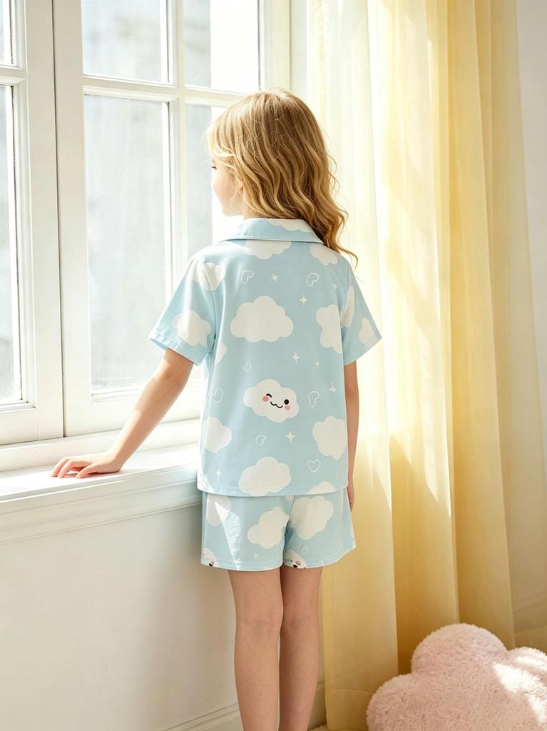 Girls Cloud Print Pajama Set, Soft Button-Down Short Sleeve Sleepwear, Cute Loungewear for 4-7 Years