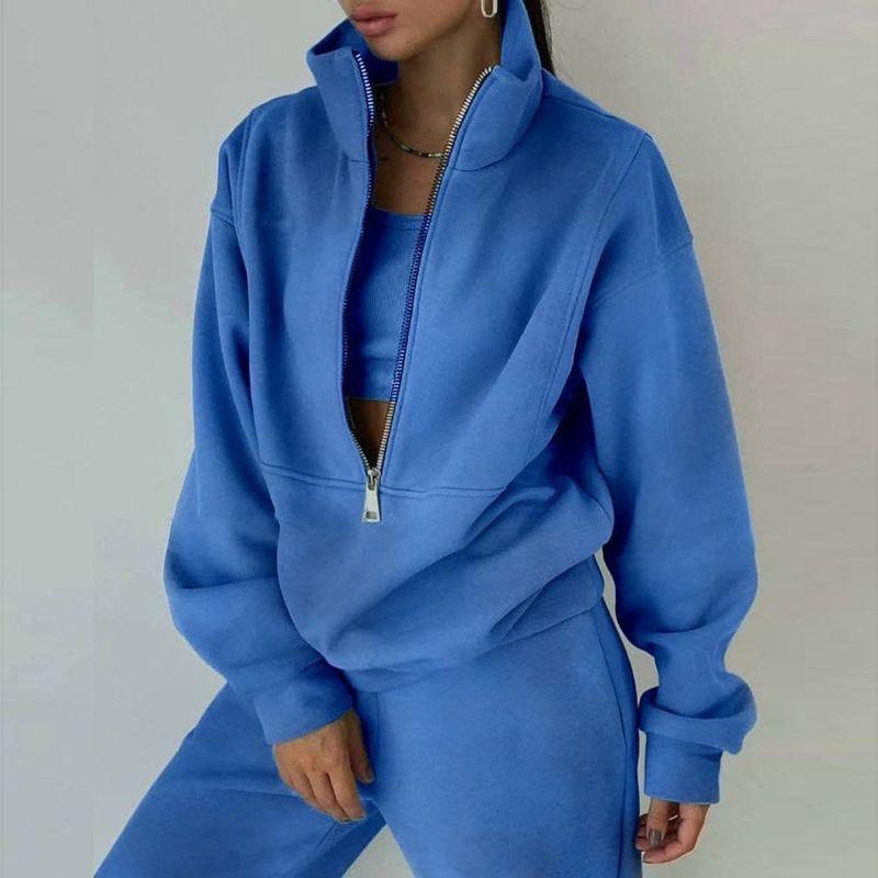 Fall and Winter New Arrival Fashion Stand Collar Zipper Fleece Loose Long Sleeve Sweatershirt Jogger Pants Pants Casual Sports Two-Piece Suit