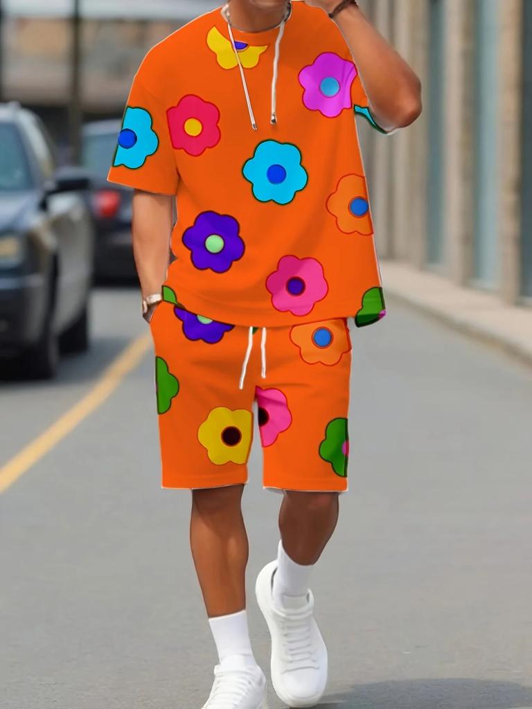 Men's Set Summer New with Colorful Flower 3D Prints, Casual Set with Round Neck, Short Sleeve T-shirt and Shorts