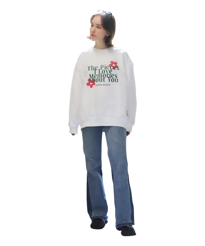 BONIEE [Fleece Lined] Memories Flower Flower Graphic Logo Graphic Oversized Sweatshirt White