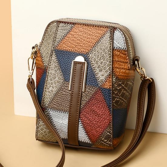 Crossbody Shoulder Bag Vintage Geometric Ladies Phone Bag Patchwork Colorblock Purses Double Layers Detachable Shoulder Strap Lady Purse Commute