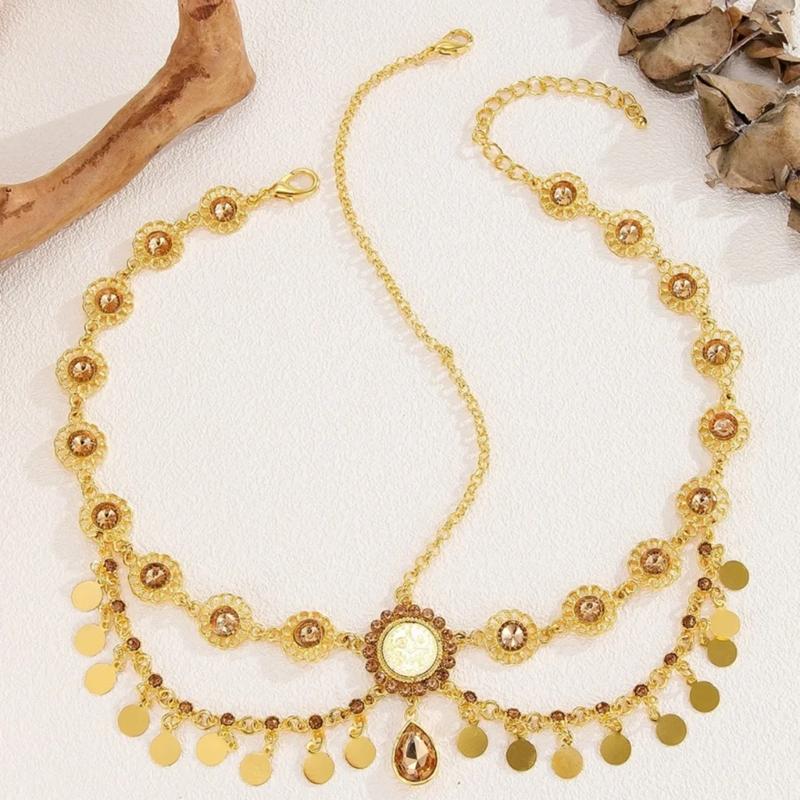 Indian Bridal Head Chain Gold Color Coin Tassels Rhinestones Headdress for Women Wedding Accessories Casual Wear