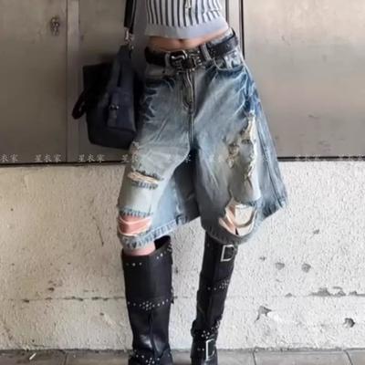 Damen Retro Old Waschung Weitbein Fünf-Punkt High Street Design Ripped Denim Shorts