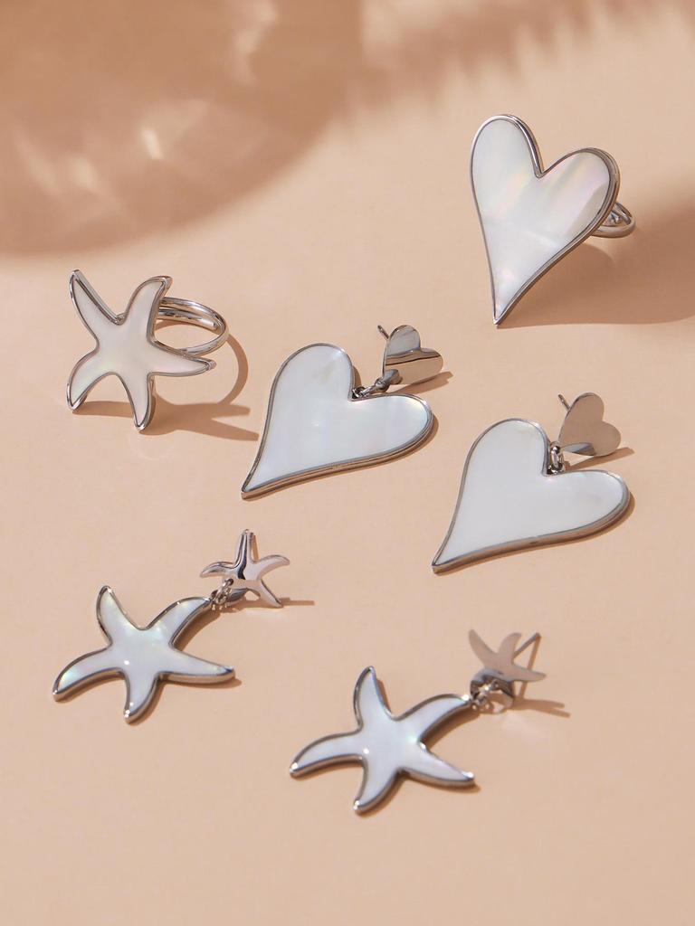 Oumeka Natural Seashell Heart Earrings & Ring Set - Stainless Steel Fashion Jewelry