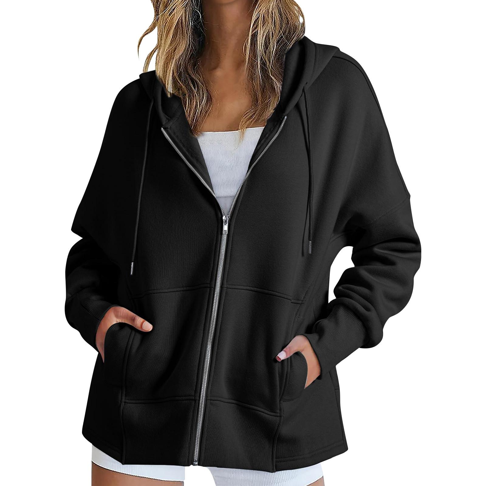 

Женские толстовки с капюшоном на молнии с длинным рукавом, осенние свободные толстовки, куртки с карманами, модная одежда, толстовки с капюшоном для женщин L чёрный