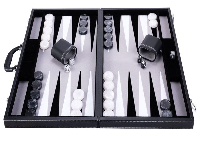 Backgammon 21 pouces - Jeu de société - Haute qualité - dés et jetons nacrés - gris noir et blanc
