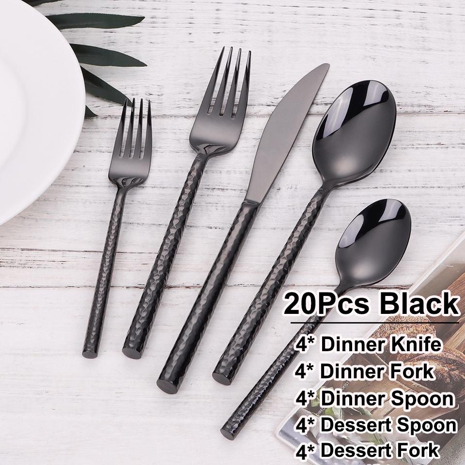 5/10/15/20Pcs Gold Heavy Cutlery Sliver Dinner Set Stainless Steel Tableware Mirror Western Hammer Pattern Handle Knife Fork