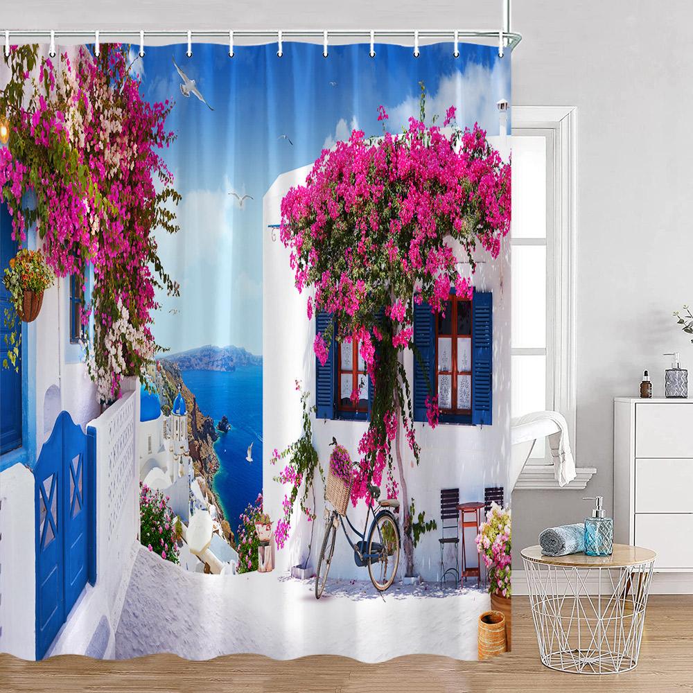 Greek Town Shower Curtain Greek Street View Sea View Blue Door Greece Scenery Bathroom Curtain Flower Plant Bath Decor with Hook