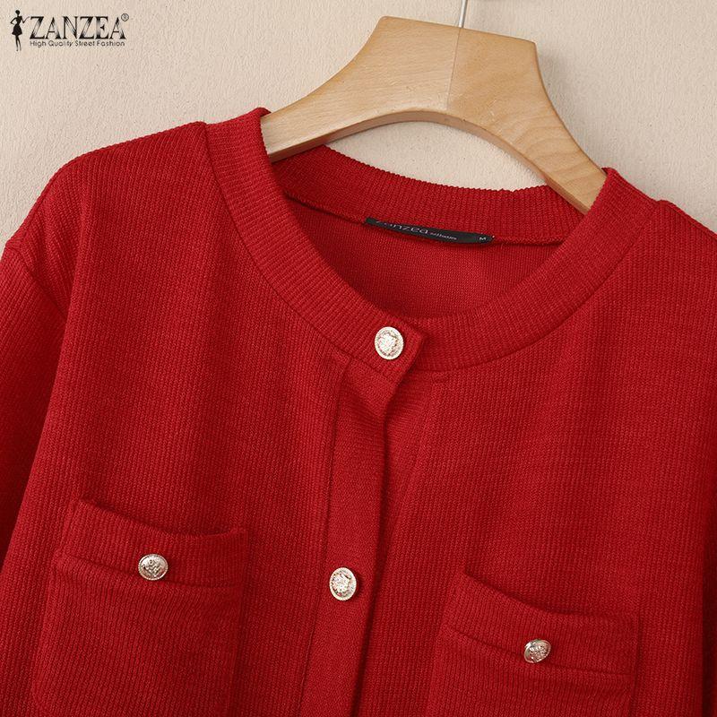 ZANZEA Women Casual Round Neck Loose Long Sleeve Thin Cardigan Blouse